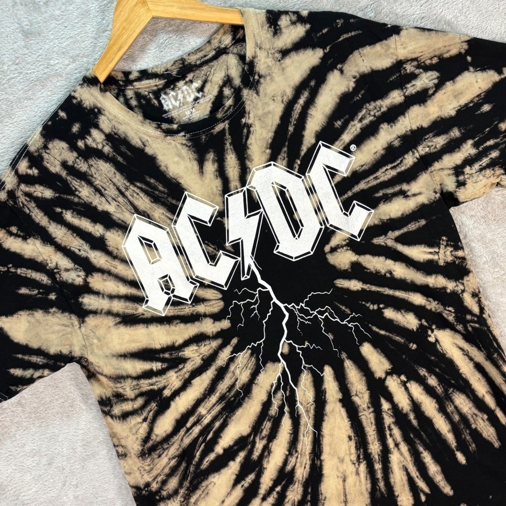 AC/DC Men's Black Tan Tie-Dye Lightning Graphic Band T-Shirt Size M Spiral Music